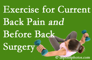Baton Rouge  exercise helps patients with non-specific back pain and pre-back surgery patients though it is not often prescribed as much as opioids.